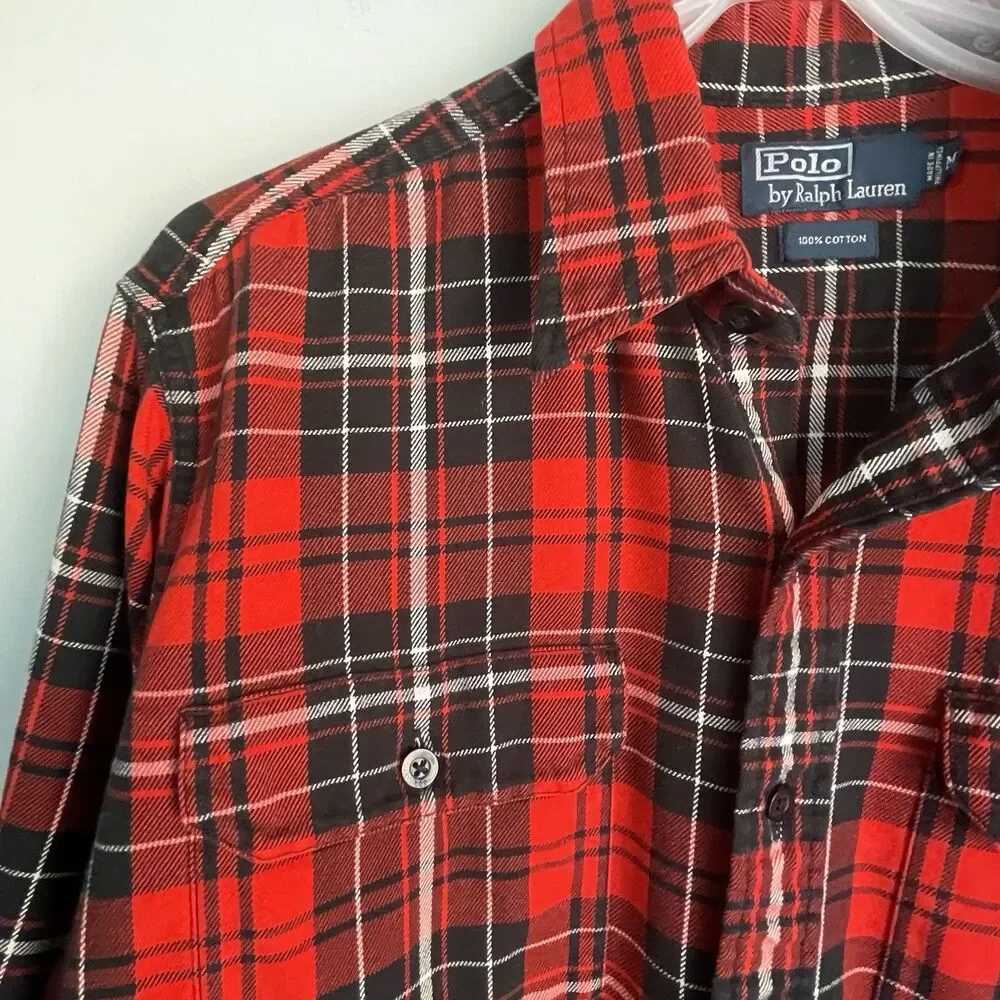 Vintage Polo Ralph Lauren Flannel Shirt Mens Sz M Red Tartan Plaid Button Up